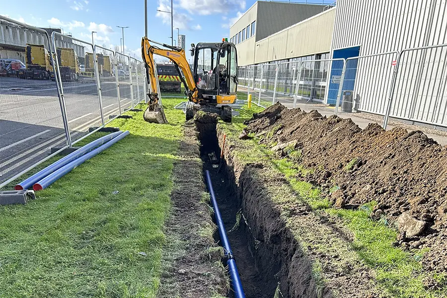 Excavation work for laying pipes on an EI Groundwork site